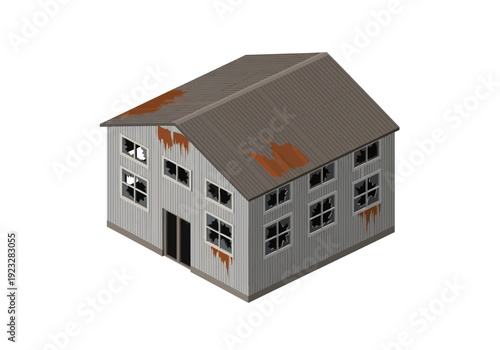 Damaged building with broken windows and roof, viewed from an angle, showcasing destruction and decay in a graphic illustration.