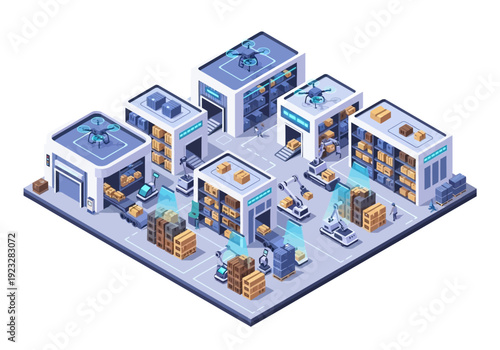Isometric illustration of a futuristic industrial complex with warehouses, factories, and machinery in a 3D view