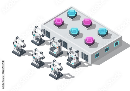 Isometric illustration of robots interacting with technological installations on a futuristic facility's roof viewed from above