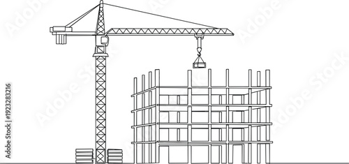 Continuous one line drawing of a tower crane at a building construction site for architecture concept