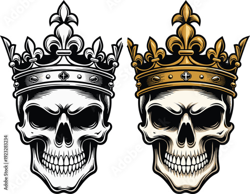 Gothic King Skull Illustration Set Featuring a Skeleton Head Wearing a Majestic Golden Crown with Fleur de Lis Details in Ornate Vector Style for Branding