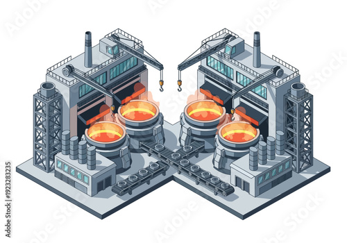 Industrial factory complex with furnaces and smokestacks viewed from above
