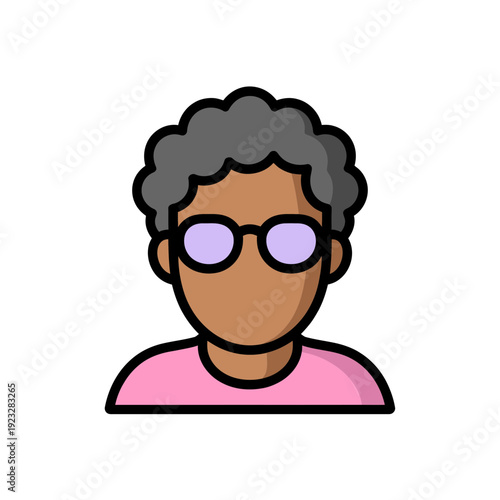 A cartoon illustration of an older woman with curly gray hair and glasses