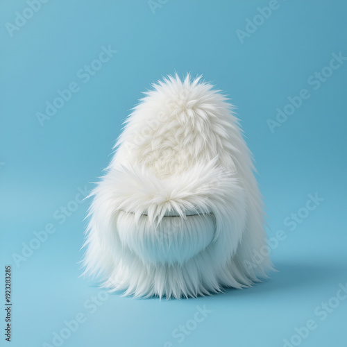 A fluffy white plushie loo on a blue background. A soft toy decor toilet.