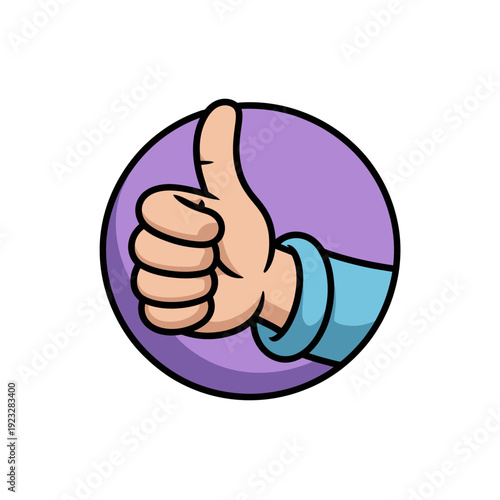 A cartoon hand giving a thumbs up in a purple circle with a blue sleeve