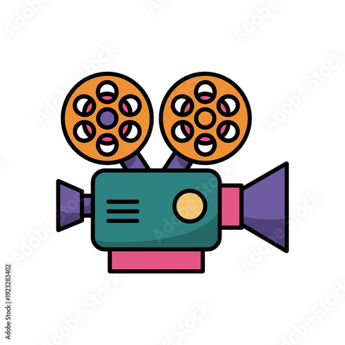 A colorful cartoon illustration of a vintage movie camera with film reels on top, designed as a flat vector graphic