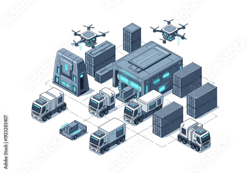 Isometric illustration of a futuristic logistics hub with drones and trucks, showcasing advanced technology and efficient transportation systems.