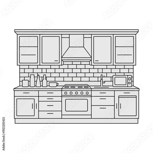 A detailed line drawing of a modern kitchen with various appliances and cabinetry