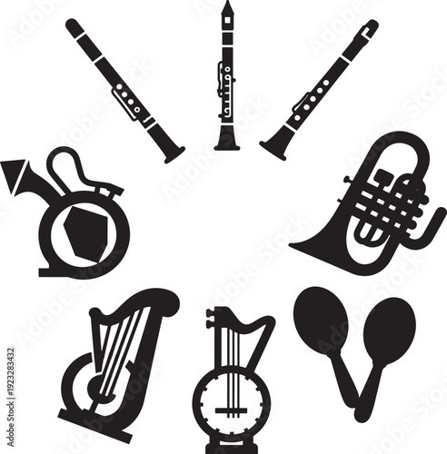 Black and white musical instruments set clarinet oboe