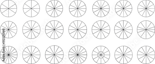 Circular Segment and Radial Division Icon Set Featuring Pie Chart Variations, Wheel Shapes, and Geometric Diagrams for Infographics and Data Visualization Designs