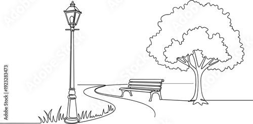 Continuous one line drawing of a public park path with bench street lamp and large tree