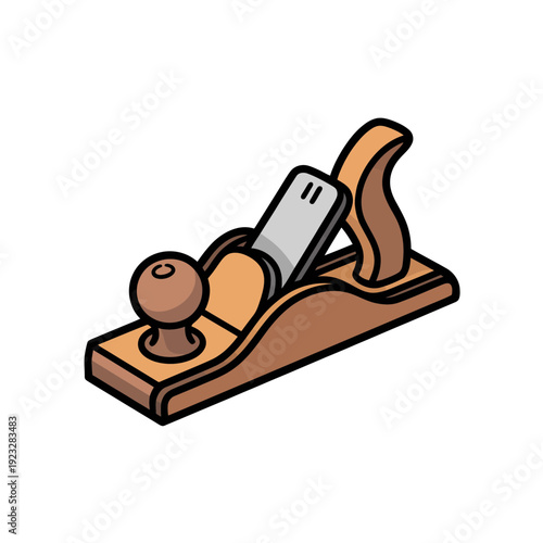 A vector illustration of a traditional wooden hand plane tool with a metal blade and handle.