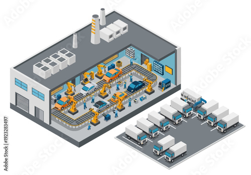 Industrial facility with automated production line and logistics operations viewed from above.