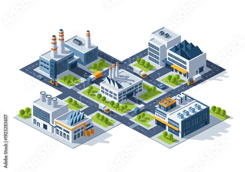Isometric illustration of an industrial complex with factories, roads, and green spaces viewed from above
