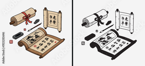 vintage scroll vector illustration, old parchment ribbon design, antique diploma outline artwork, classic decorative certificate element, black and white retro graphic