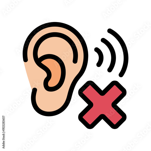 A vector graphic illustration of a human ear with a red X symbol and sound waves indicating hearing loss or deafness