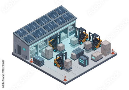 Isometric illustration of warehouse with forklifts and solar panels on rooftop, utilizing renewable energy