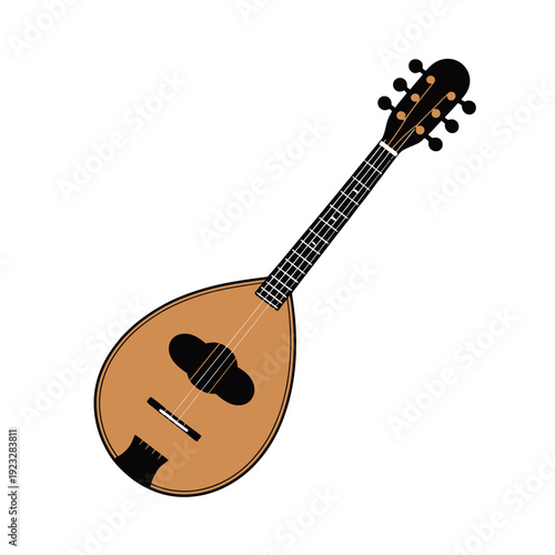 A vector graphic illustration of a traditional mandolin with a light brown body and black neck on a white background