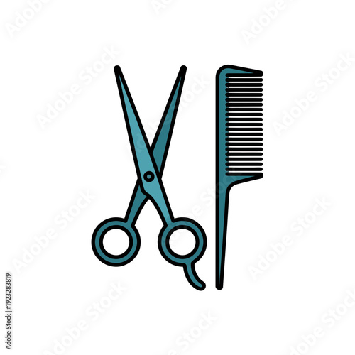 A minimalist vector graphic of hairdressing tools, featuring teal scissors and a comb on a white background.