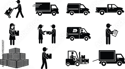 Comprehensive logistics icon set featuring delivery trucks, shipping containers, forklift operations, warehouse workers, and couriers handling packages for global supply chain services