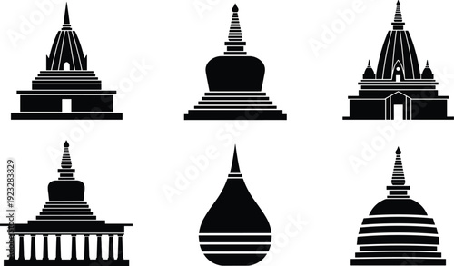 Collection of traditional Buddhist stupa and temple silhouettes including ancient pagoda icons and Asian religious landmark architectural symbols isolated on white background
