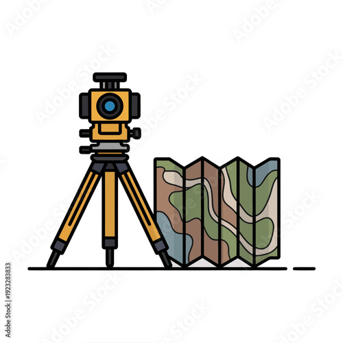 A vector graphic illustration of a surveying instrument with a topographic map on a tripod, used for mapping and construction purposes.