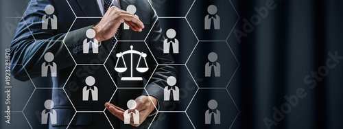 Businessman protecting a network of employees and justice scales, representing corporate legal compliance, labor law, ethical management, and human resources protection