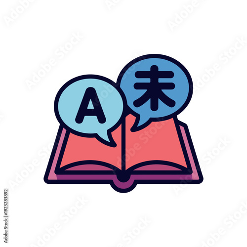 A colorful vector illustration of an open book with speech bubbles containing letters and a foreign language character