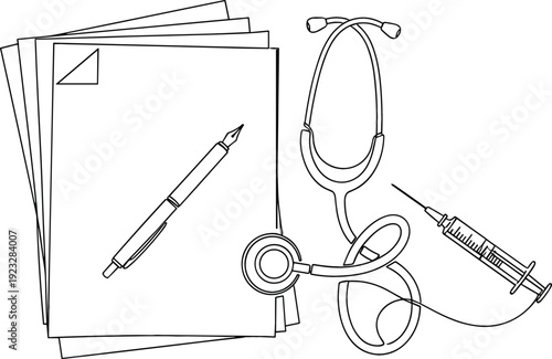 Continuous one line drawing of medical documents stethoscope and syringe for healthcare administration and clinical records