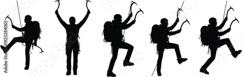 Ice climbing silhouettes collection, mountain climber with ice axe vector, winter extreme sports set, alpinist mountaineering adventure gear, glacier hiking outdoor activities