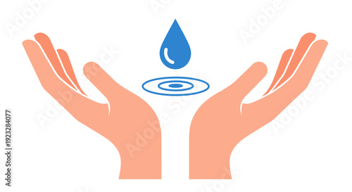 Human hands cupping a blue water drop with ripples illustration, water conservation and life saving concept