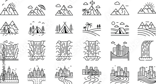 Minimalist nature and city landscape icon set featuring mountain peaks waterfall cascades forest camping tents and urban skyline for travel and vacation branding