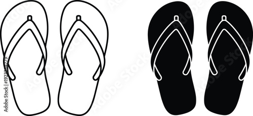 Minimalist flip flops icon set featuring outline and solid black silhouettes for summer beach vacation footwear and casual outdoor fashion design