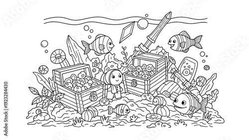 Underwater Scene with Treasure Chests and Fish.