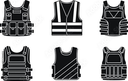 Safety and tactical vest silhouette icon set featuring bulletproof body armor high visibility reflective jackets and military plate carriers for security design