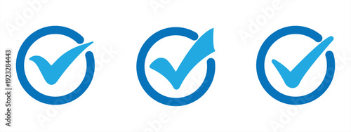 Set of blue check mark icons approval sign checkbox ok yes complete concept