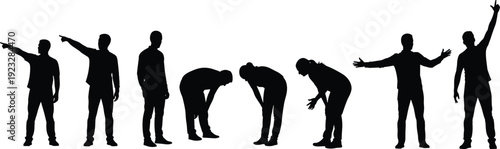 Set of diverse people silhouettes in different poses like pointing, standing, leaning, and gesturing isolated on a clean white background for design