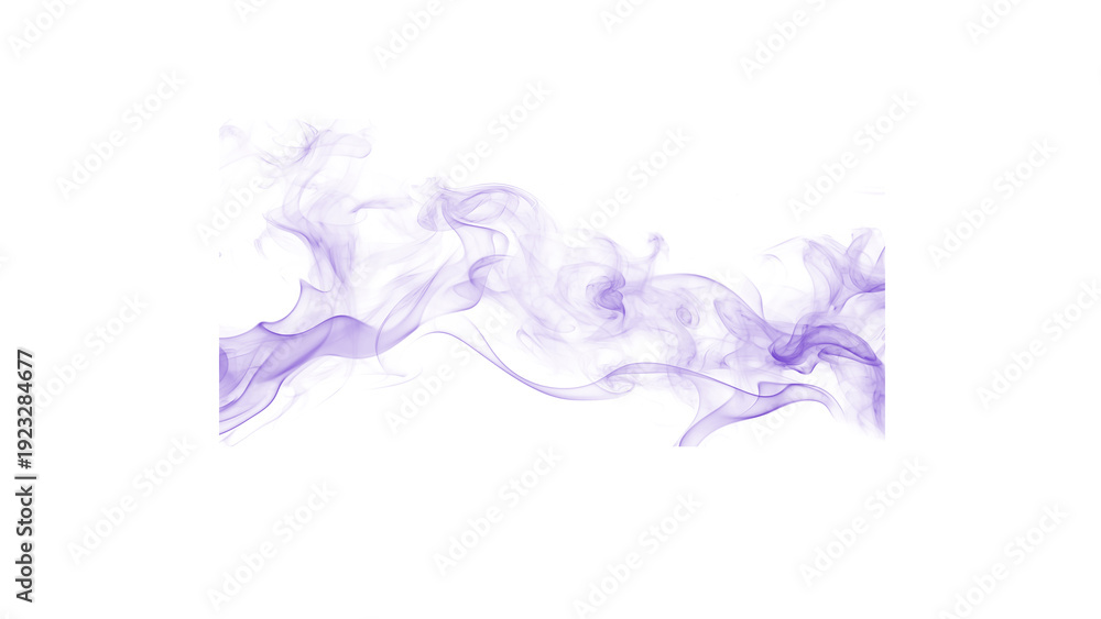 Fototapeta premium A gentle, horizontal wave of translucent purple smoke flows across a white space, adding an abstract, artistic touch.