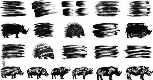 Set of wildlife animal silhouettes including rhino, porcupine, and buffalo with black paint brush stroke textures isolated on a white background