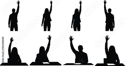 Silhouette collection of diverse people raising their hands to ask questions, vote, or participate in a classroom, office, or public meeting
