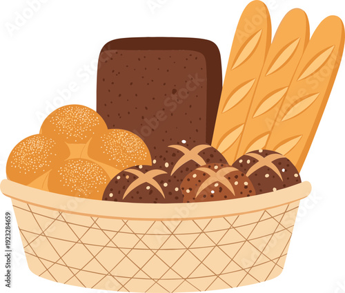 Flat vector illustration of a wicker basket filled with assorted fresh bread baguettes and buns