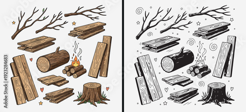 Wood Timber Lumber Material Illustration, Wooden Plank Log Vector Art, Carpentry Construction Wood Clipart, Natural Wood Texture Graphic Design, Firewood Stack Board Pack, Forestry Woodwork Collection