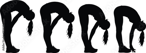 Silhouette of woman performing standing forward bend yoga poses in sequence showing progress and flexibility for fitness and wellness concepts