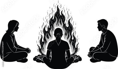 Silhouette illustration of three friends sitting around a large blazing campfire at night, enjoying outdoor camping, friendship, and warm flickering orange flames