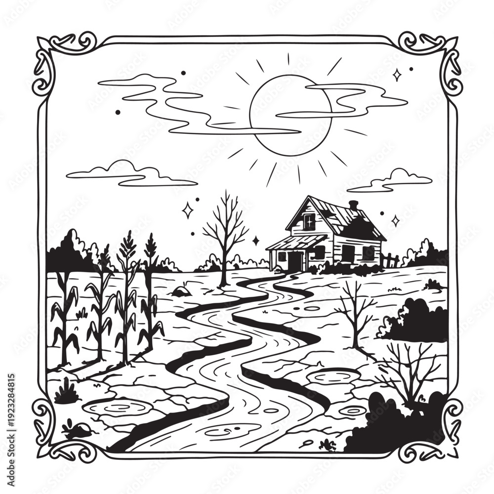 Obraz premium Village Landscape Black White Sketch, Rural Countryside Line Art Vector, Farm House Scenery Clipart Design, Peaceful Nature Scene Graphic, River Bridge Sunset Drawing Pack, Vintage Country Illustratio