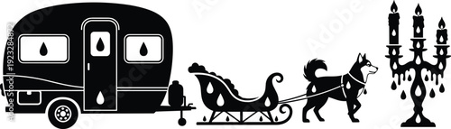 Winter travel silhouettes set with camper trailer, dog sled with husky, and decorative candle holder icons isolated on a white background