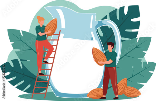 Flat vector illustration of people harvesting almonds to produce fresh organic nut milk in a pitcher