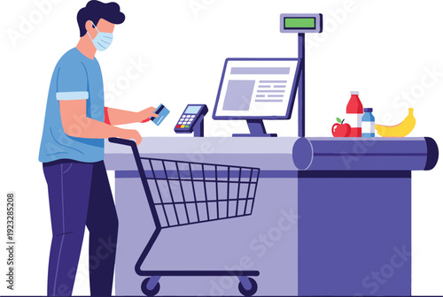 Illustration of a man wearing a face mask paying with a credit card at a supermarket checkout