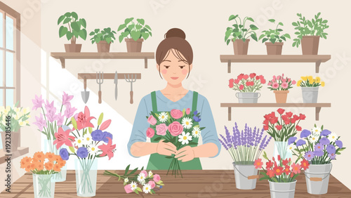 Woman Arranging Flowers in Workshop.