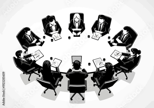 Black and white illustration of business people sitting around a table in a meeting